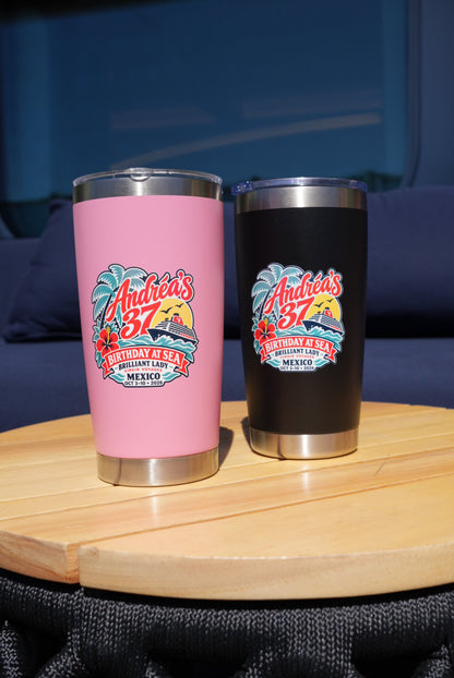 Close view of custom birthday artwork on pink and black stainless steel tumblers