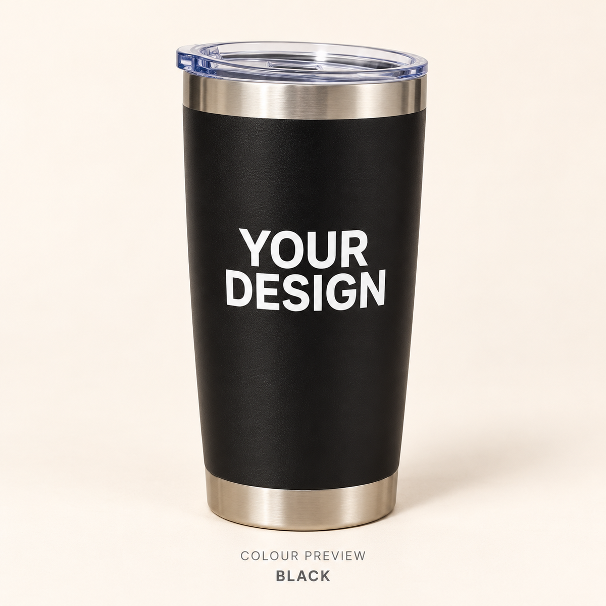 Black 20 oz stainless steel custom tumbler — digital colour preview