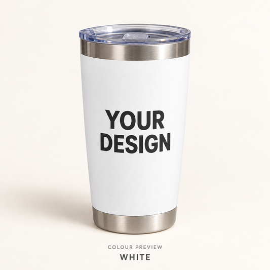 White 20 oz stainless steel custom tumbler — digital colour preview