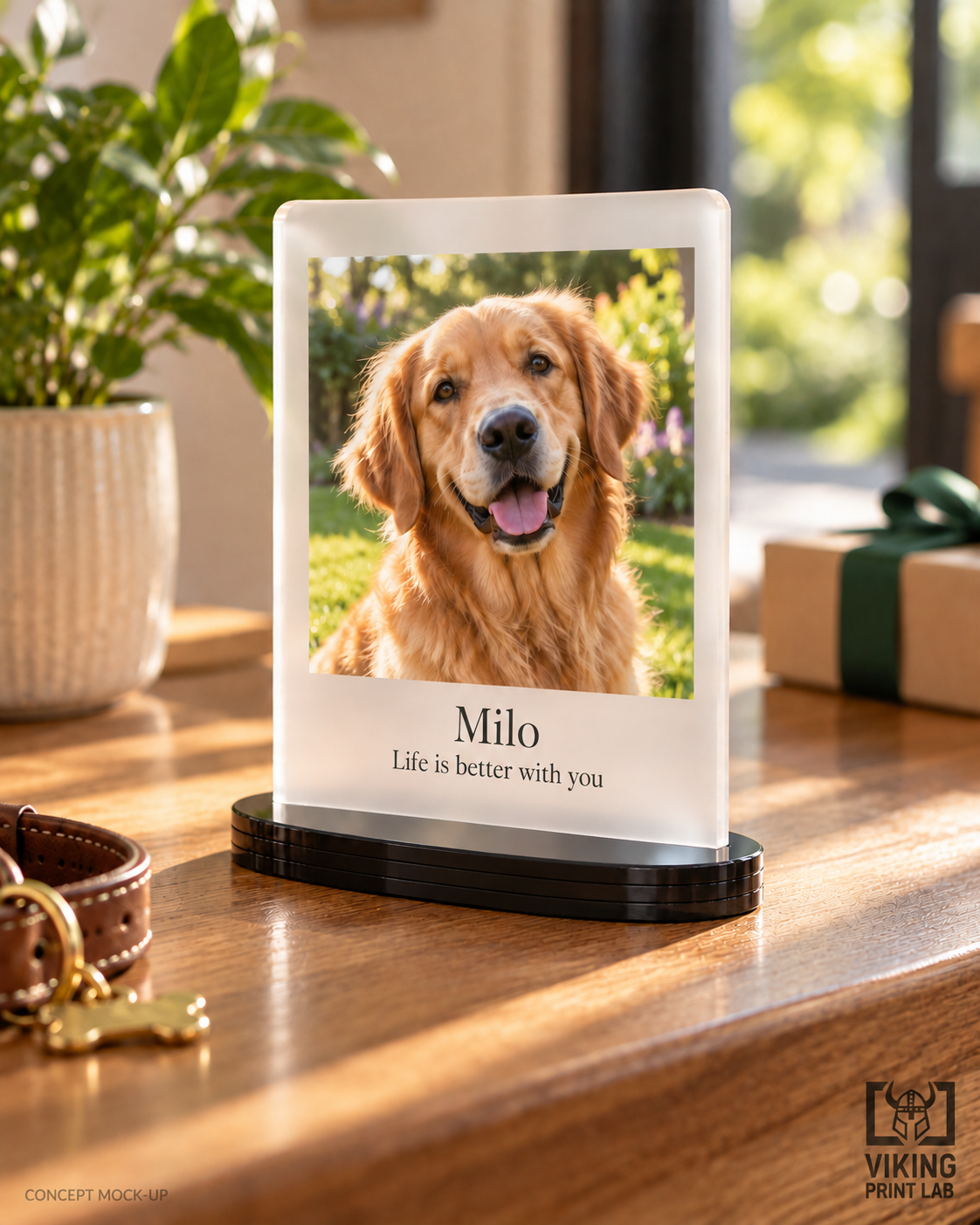 Alternate view of Milo’s frosted acrylic Everheld pet photo keepsake with its black oval display stand.