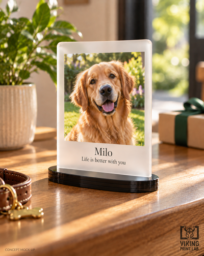 Alternate view of Milo’s frosted acrylic Everheld pet photo keepsake with its black oval display stand.