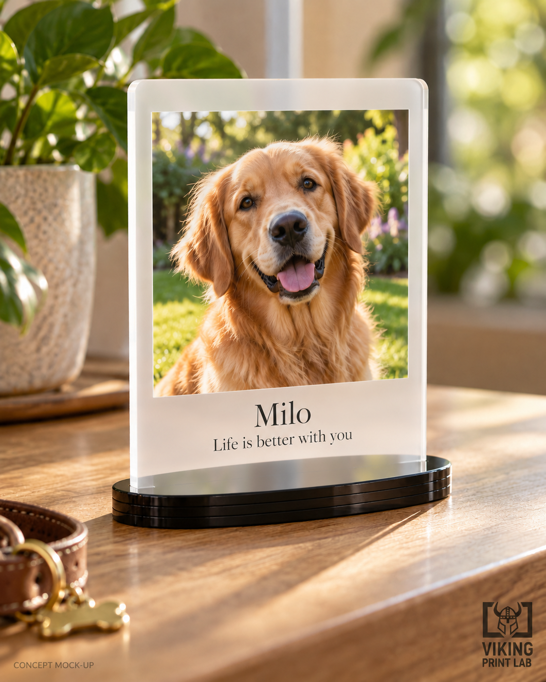 Everheld frosted acrylic pet photo keepsake featuring golden retriever Milo and Life is better with you personalization.