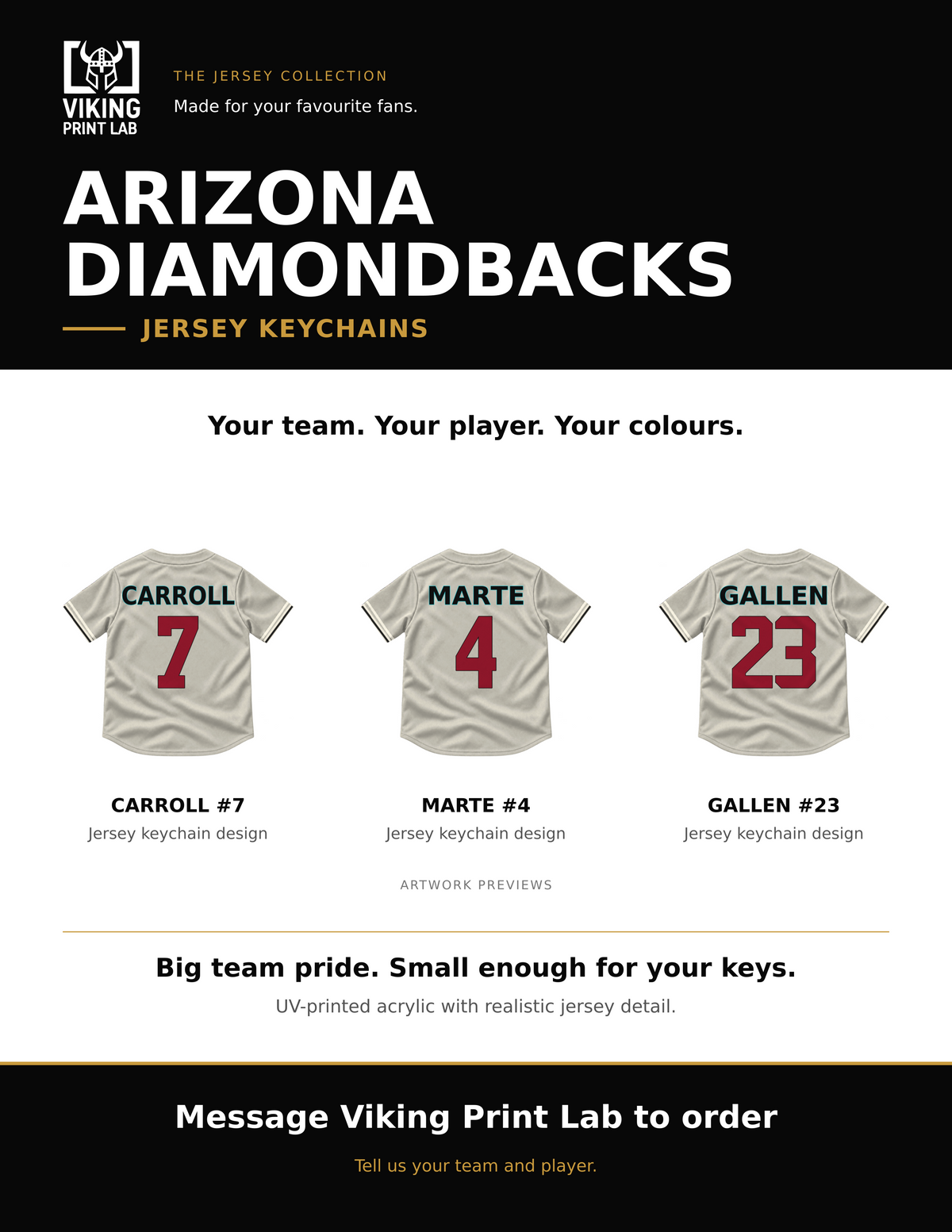 Arizona Diamondbacks jersey keychain design overview, showing three available artwork examples. Price is for one keychain.