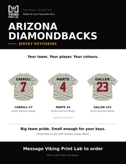 Arizona Diamondbacks jersey keychain design overview, showing three available artwork examples. Price is for one keychain.