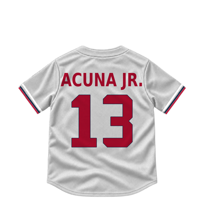 Atlanta Braves ACUNA JR. #13 jersey keychain artwork preview. Jersey keychain design. Attachment hardware is supplied with the finished acrylic keychain.