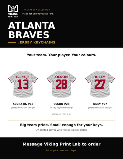 Atlanta Braves jersey keychain design overview, showing three available artwork examples. Price is for one keychain.