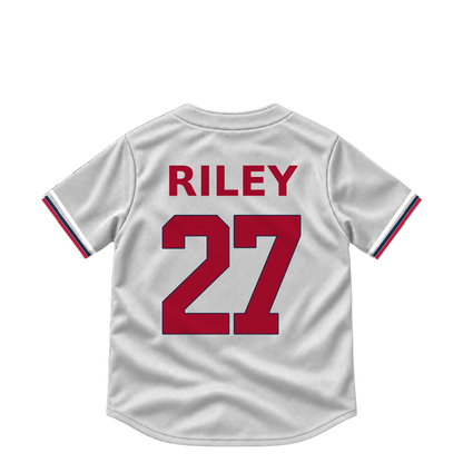 Atlanta Braves RILEY #27 jersey keychain artwork preview. Jersey keychain design. Attachment hardware is supplied with the finished acrylic keychain.