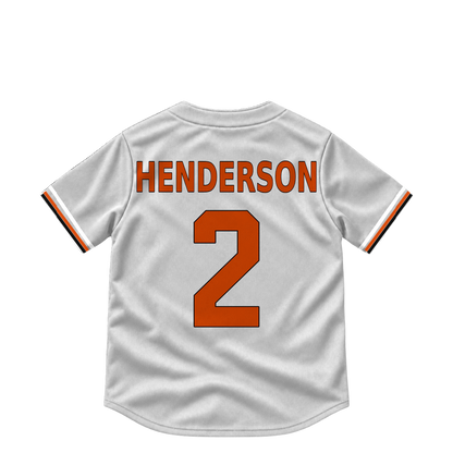 Baltimore Orioles HENDERSON #2 jersey keychain artwork preview. Jersey keychain design. Attachment hardware is supplied with the finished acrylic keychain.