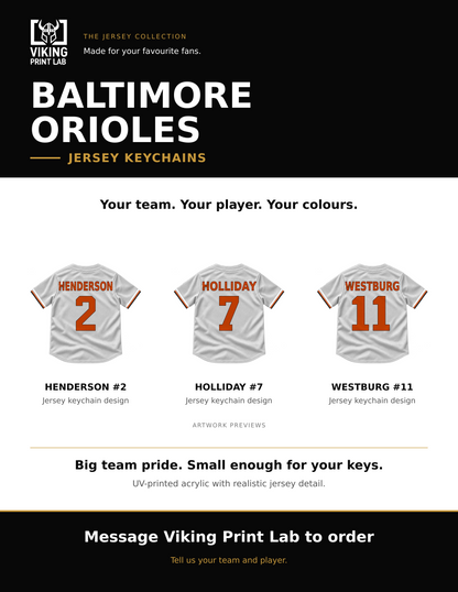Baltimore Orioles jersey keychain design overview, showing three available artwork examples. Price is for one keychain.