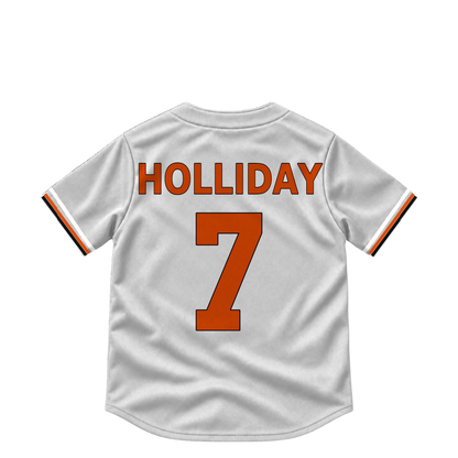 Baltimore Orioles HOLLIDAY #7 jersey keychain artwork preview. Jersey keychain design. Attachment hardware is supplied with the finished acrylic keychain.
