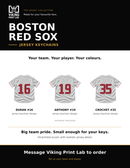 Boston Red Sox jersey keychain design overview, showing three available artwork examples. Price is for one keychain.