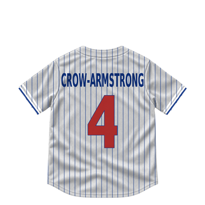 Chicago Cubs CROW-ARMSTRONG #4 jersey keychain artwork preview. Jersey keychain design. Attachment hardware is supplied with the finished acrylic keychain.