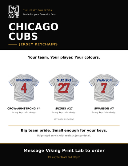 Chicago Cubs jersey keychain design overview, showing three available artwork examples. Price is for one keychain.