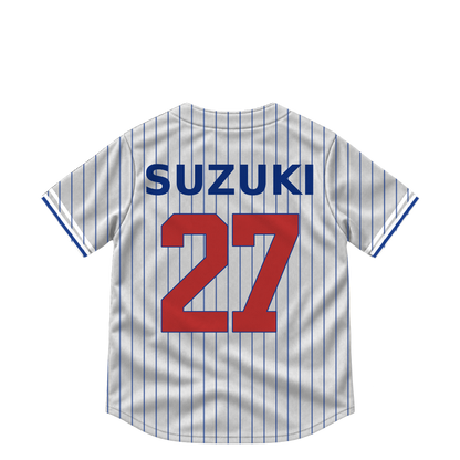 Chicago Cubs SUZUKI #27 jersey keychain artwork preview. Jersey keychain design. Attachment hardware is supplied with the finished acrylic keychain.