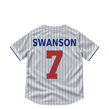 Chicago Cubs SWANSON #7 jersey keychain artwork preview. Jersey keychain design. Attachment hardware is supplied with the finished acrylic keychain.
