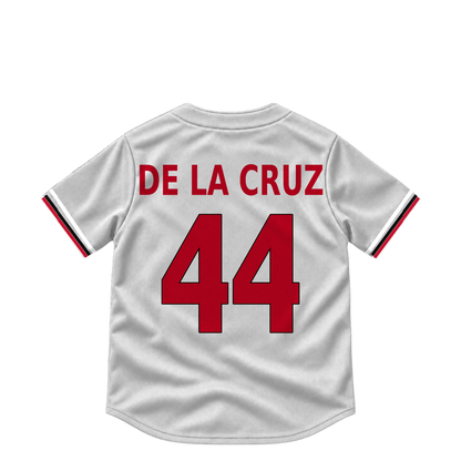 Cincinnati Reds DE LA CRUZ #44 jersey keychain artwork preview. Jersey keychain design. Attachment hardware is supplied with the finished acrylic keychain.