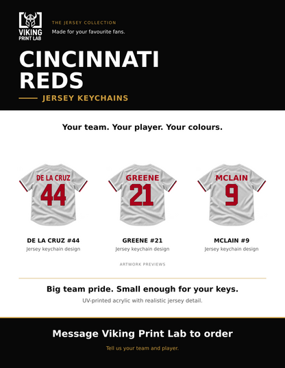 Cincinnati Reds jersey keychain design overview, showing three available artwork examples. Price is for one keychain.