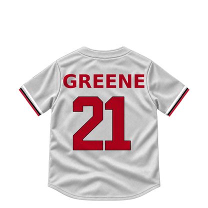 Cincinnati Reds GREENE #21 jersey keychain artwork preview. Jersey keychain design. Attachment hardware is supplied with the finished acrylic keychain.