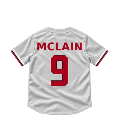 Cincinnati Reds MCLAIN #9 jersey keychain artwork preview. Jersey keychain design. Attachment hardware is supplied with the finished acrylic keychain.