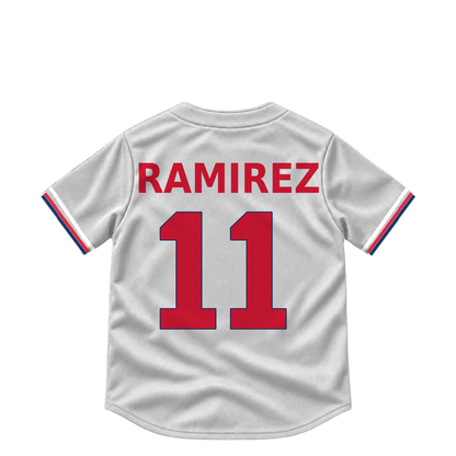 Cleveland Guardians RAMIREZ #11 jersey keychain artwork preview. Jersey keychain design. Attachment hardware is supplied with the finished acrylic keychain.