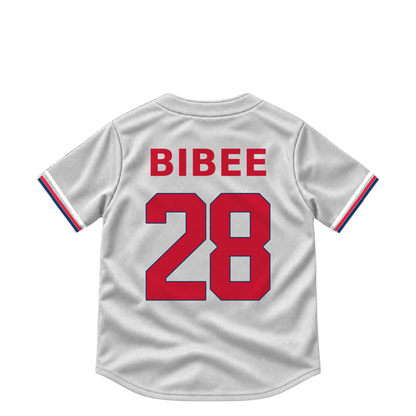 Cleveland Guardians BIBEE #28 jersey keychain artwork preview. Jersey keychain design. Attachment hardware is supplied with the finished acrylic keychain.