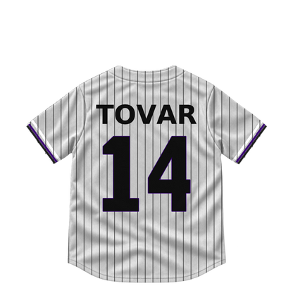 Colorado Rockies TOVAR #14 jersey keychain artwork preview. Jersey keychain design. Attachment hardware is supplied with the finished acrylic keychain.