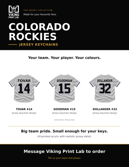 Colorado Rockies jersey keychain design overview, showing three available artwork examples. Price is for one keychain.