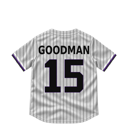 Colorado Rockies GOODMAN #15 jersey keychain artwork preview. Jersey keychain design. Attachment hardware is supplied with the finished acrylic keychain.
