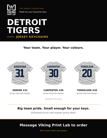 Detroit Tigers jersey keychain design overview, showing three available artwork examples. Price is for one keychain.