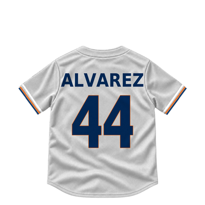 Houston Astros ALVAREZ #44 jersey keychain artwork preview. Jersey keychain design. Attachment hardware is supplied with the finished acrylic keychain.