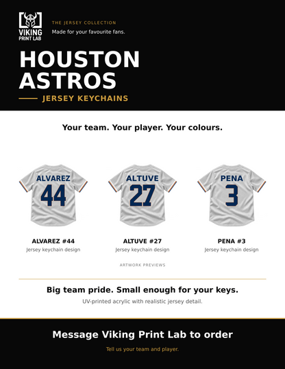 Houston Astros jersey keychain design overview, showing three available artwork examples. Price is for one keychain.
