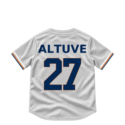 Houston Astros ALTUVE #27 jersey keychain artwork preview. Jersey keychain design. Attachment hardware is supplied with the finished acrylic keychain.