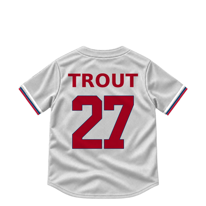 Los Angeles Angels TROUT #27 jersey keychain artwork preview. Jersey keychain design. Attachment hardware is supplied with the finished acrylic keychain.