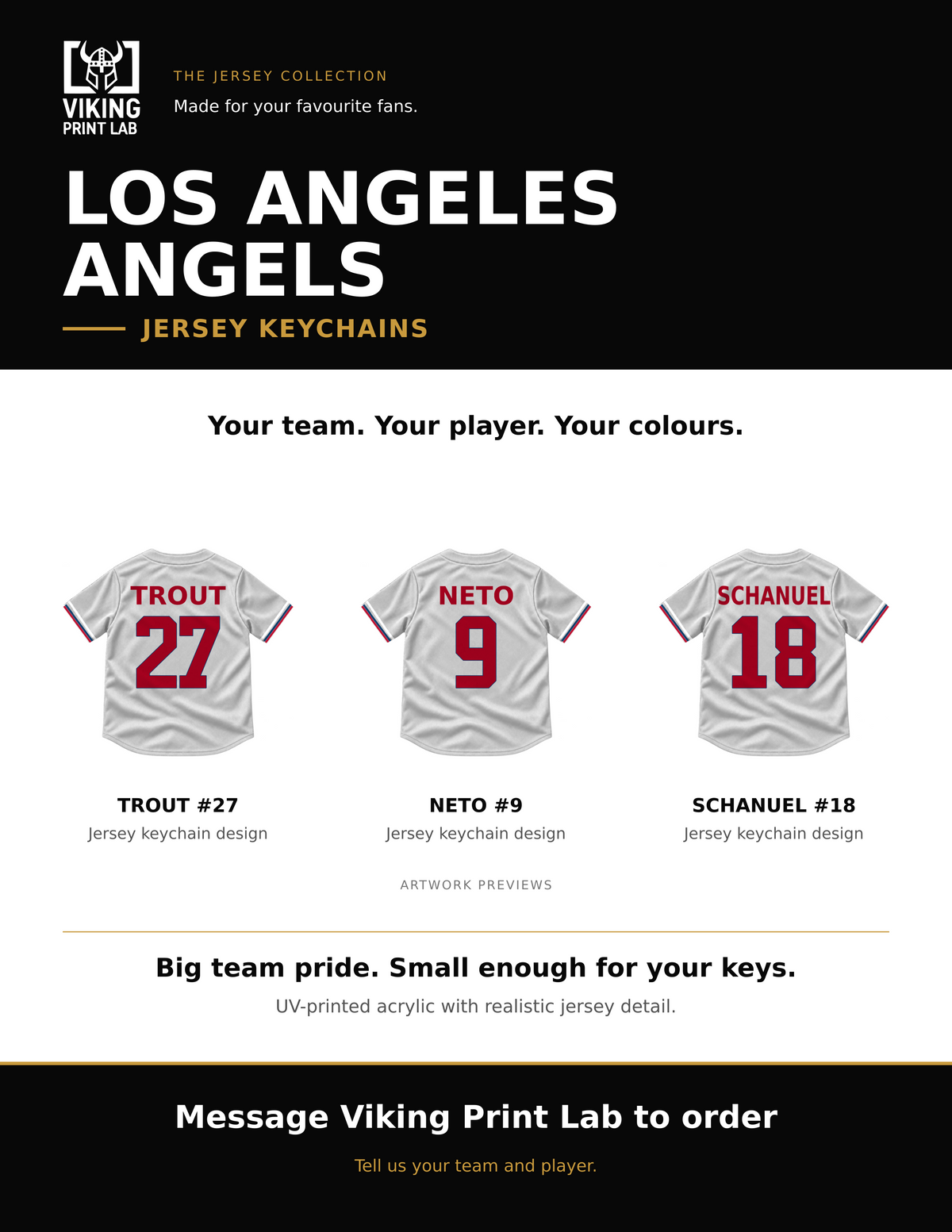 Los Angeles Angels jersey keychain design overview, showing three available artwork examples. Price is for one keychain.