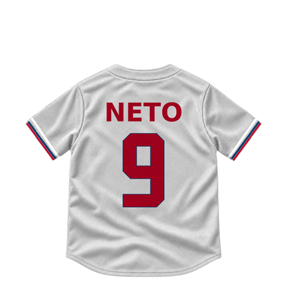 Los Angeles Angels NETO #9 jersey keychain artwork preview. Jersey keychain design. Attachment hardware is supplied with the finished acrylic keychain.