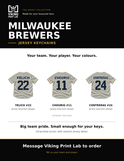 Milwaukee Brewers jersey keychain design overview, showing three available artwork examples. Price is for one keychain.