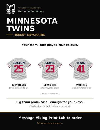 Minnesota Twins jersey keychain design overview, showing three available artwork examples. Price is for one keychain.