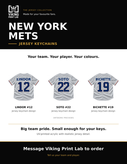 New York Mets jersey keychain design overview, showing three available artwork examples. Price is for one keychain.