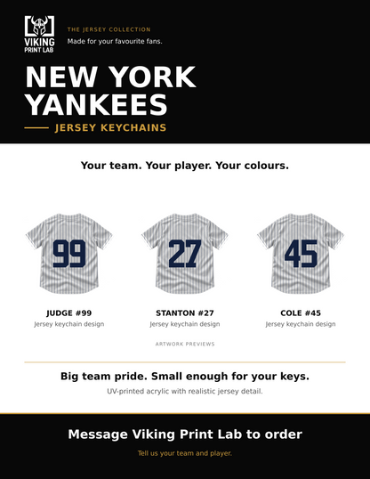 New York Yankees jersey keychain design overview, showing three available artwork examples. Price is for one keychain.