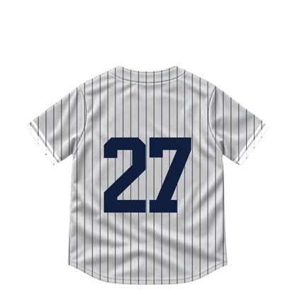 New York Yankees STANTON #27 jersey keychain artwork preview. Jersey keychain design. Attachment hardware is supplied with the finished acrylic keychain.