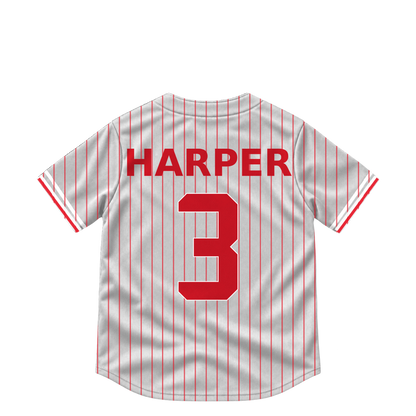 Philadelphia Phillies HARPER #3 jersey keychain artwork preview. Jersey keychain design. Attachment hardware is supplied with the finished acrylic keychain.