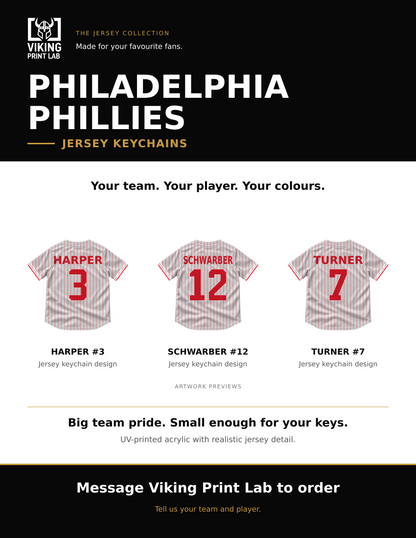 Philadelphia Phillies jersey keychain design overview, showing three available artwork examples. Price is for one keychain.