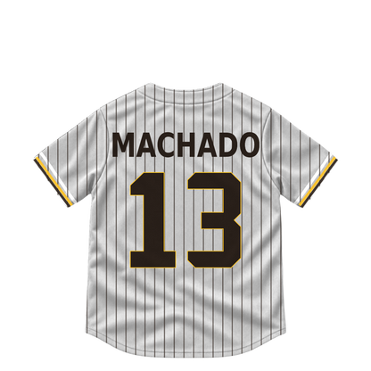 San Diego Padres MACHADO #13 jersey keychain artwork preview. Jersey keychain design. Attachment hardware is supplied with the finished acrylic keychain.
