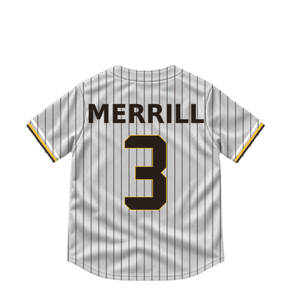 San Diego Padres MERRILL #3 jersey keychain artwork preview. Jersey keychain design. Attachment hardware is supplied with the finished acrylic keychain.