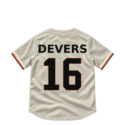 San Francisco Giants DEVERS #16 jersey keychain artwork preview. Jersey keychain design. Attachment hardware is supplied with the finished acrylic keychain.