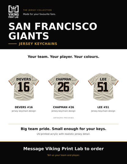 San Francisco Giants jersey keychain design overview, showing three available artwork examples. Price is for one keychain.