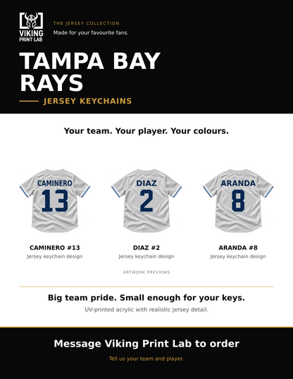 Tampa Bay Rays jersey keychain design overview, showing three available artwork examples. Price is for one keychain.