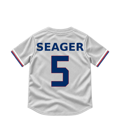 Texas Rangers SEAGER #5 jersey keychain artwork preview. Jersey keychain design. Attachment hardware is supplied with the finished acrylic keychain.