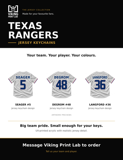 Texas Rangers jersey keychain design overview, showing three available artwork examples. Price is for one keychain.