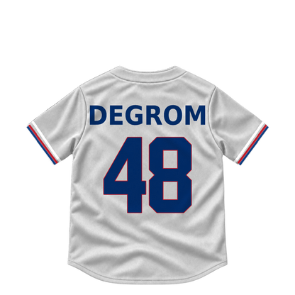 Texas Rangers DEGROM #48 jersey keychain artwork preview. Jersey keychain design. Attachment hardware is supplied with the finished acrylic keychain.